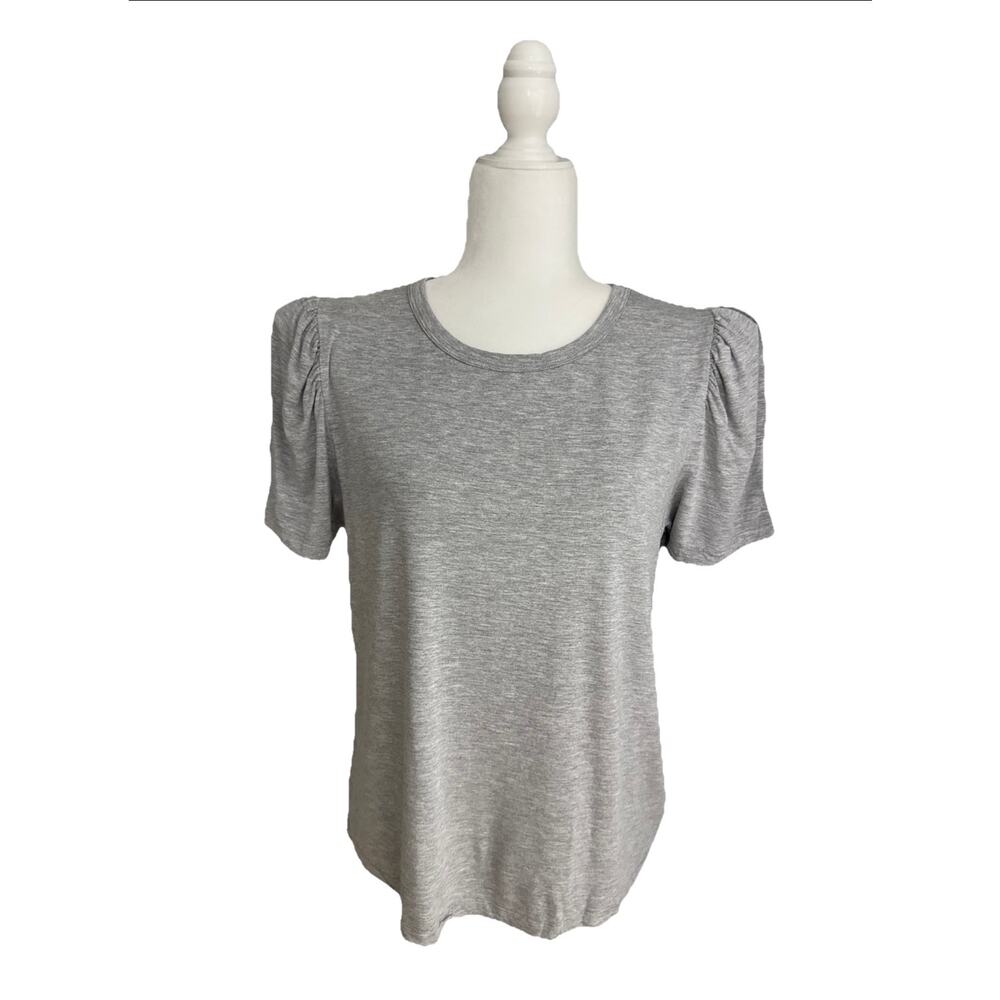 Filoro Crew Top Womens L Heather Gray Short Puff Sleeve Elevated Basic
